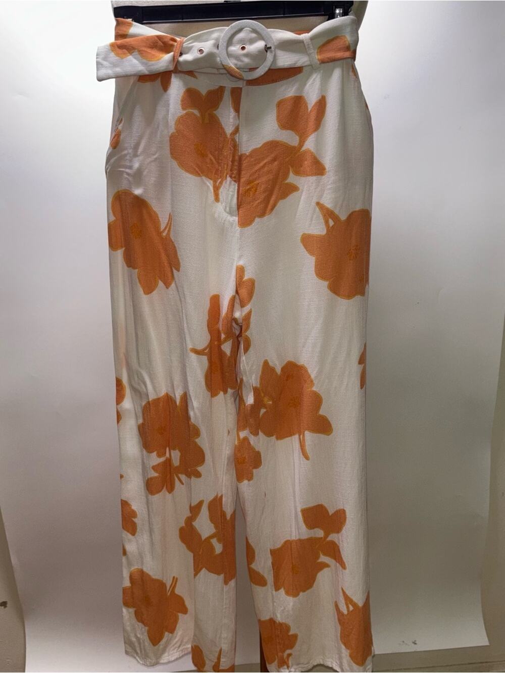 SABO High-Rise Wide-Leg Floral Pants with Fabric Belt - White & Orange Size 4
